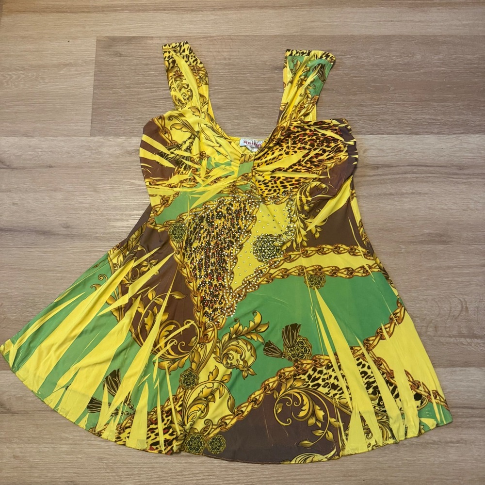 Reina Womens Yellow Green Leopard Baroque Rhinestone Top Made in USA Bratz Y2K